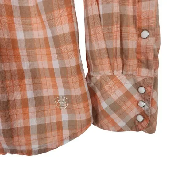 ARIAT Top Womens Large Orange Plaid Pearl Snap Western Shirt Beaded Bling Fitted - Picture 3 of 8